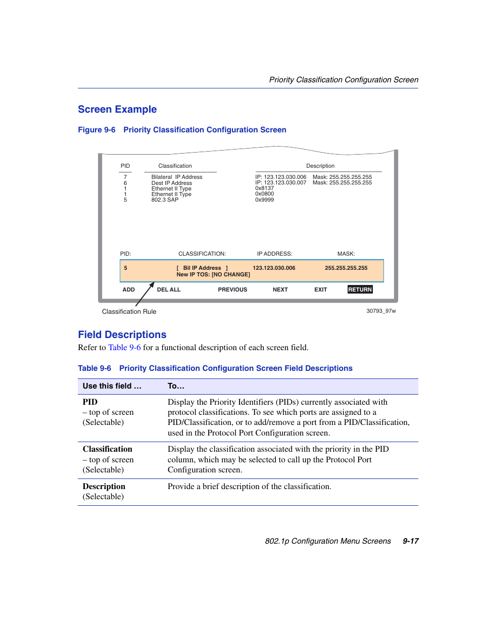 Priority classification configuration screen, Screen example, Field descriptions | Enterasys Networks 6H2xx User Manual | Page 281 / 430