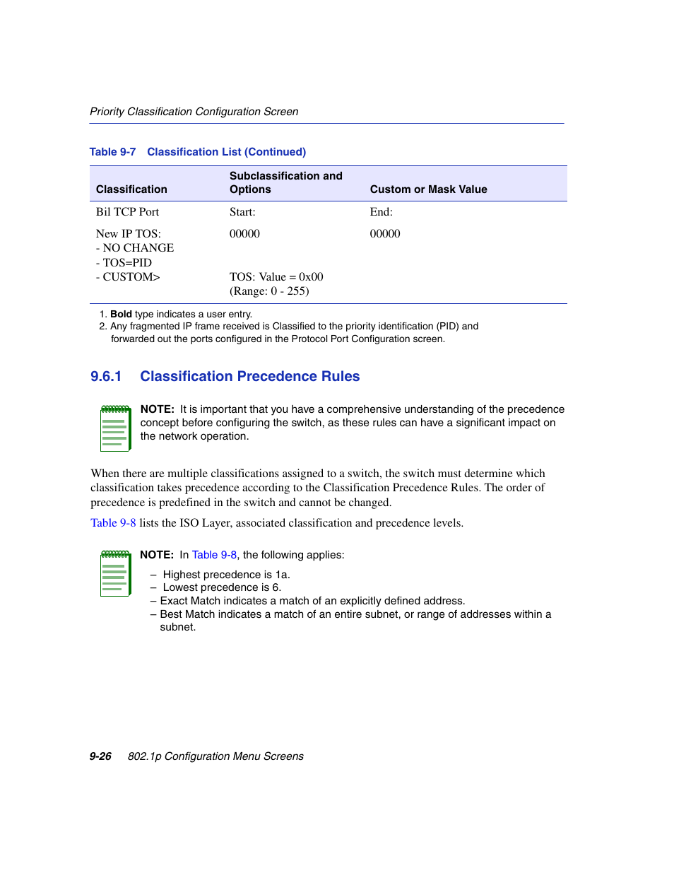 1 classification precedence rules, Classification precedence rules -26, Section 9.6.1 | Enterasys Networks 6H2xx User Manual | Page 290 / 430