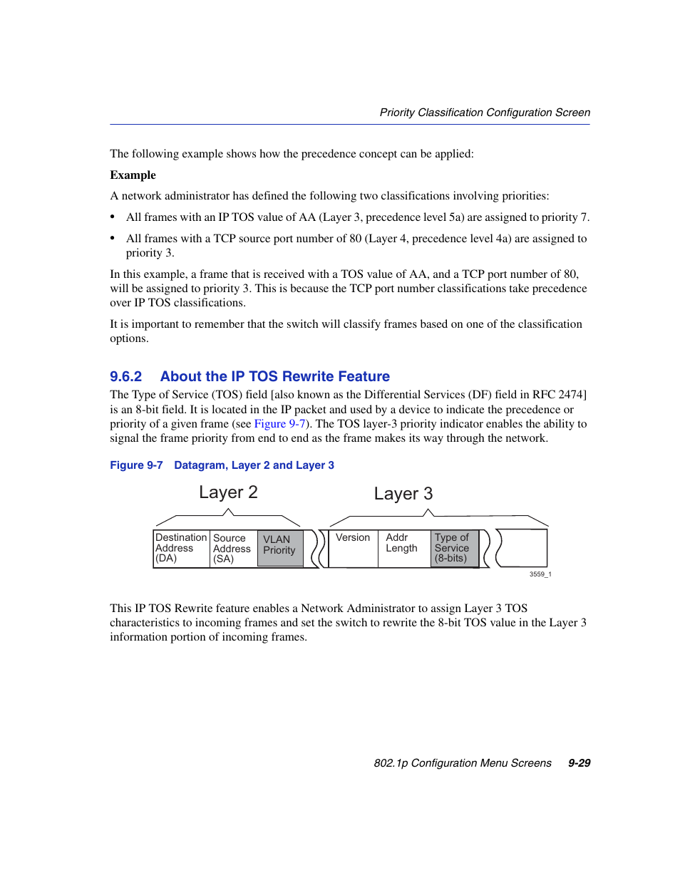 2 about the ip tos rewrite feature, About the ip tos rewrite feature -29, Datagram, layer 2 and layer 3 | Section 9.6.2, Layer 2 layer 3 | Enterasys Networks 6H2xx User Manual | Page 293 / 430