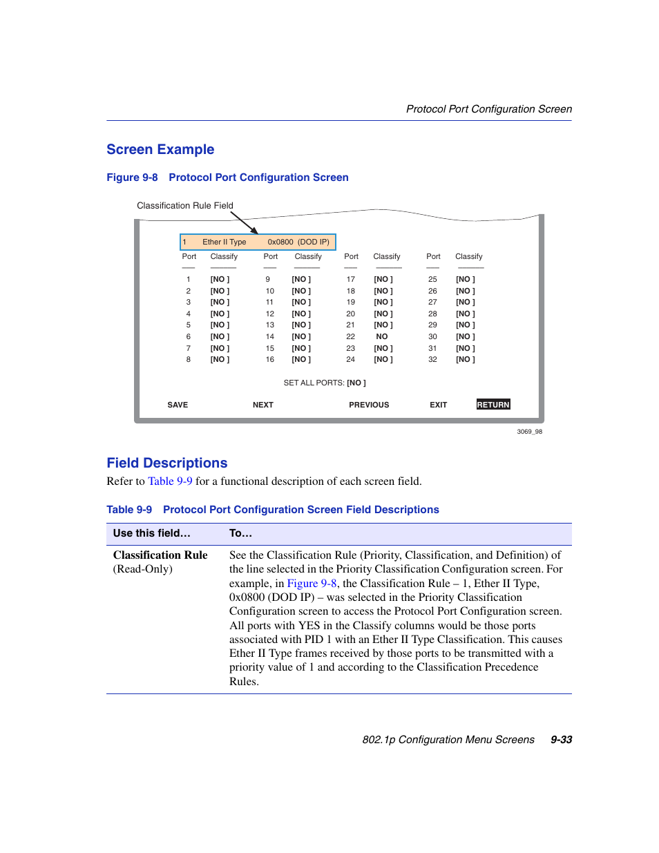 Protocol port configuration screen, Figure 9-8, Screen example | Field descriptions | Enterasys Networks 6H2xx User Manual | Page 297 / 430