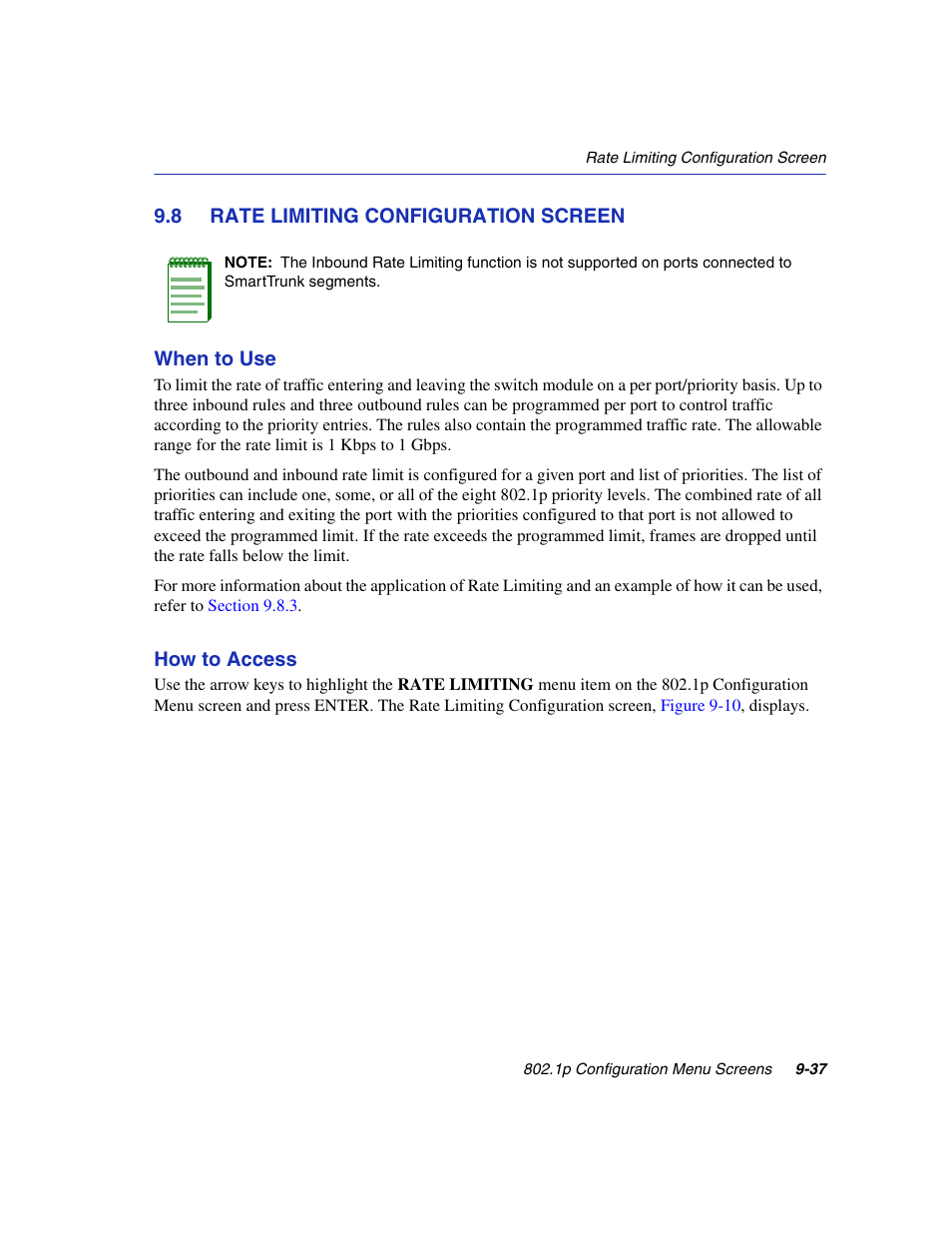 8 rate limiting configuration screen, Rate limiting configuration screen -37, Rate limiting | Iguration screen, Section 9.8 | Enterasys Networks 6H2xx User Manual | Page 301 / 430