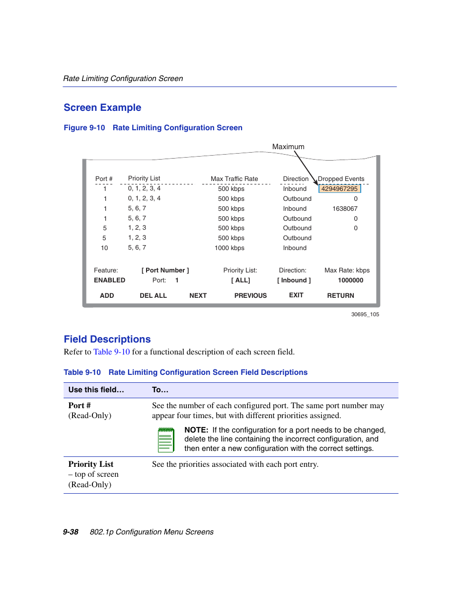 Rate limiting configuration screen, Screen example, Field descriptions | Enterasys Networks 6H2xx User Manual | Page 302 / 430