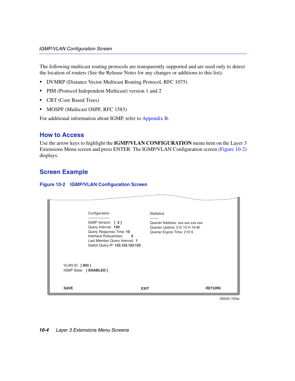 Igmp/vlan configuration screen, Iguration screen, Figure 10-2 | Is used, How to access, Screen example | Enterasys Networks 6H2xx User Manual | Page 314 / 430