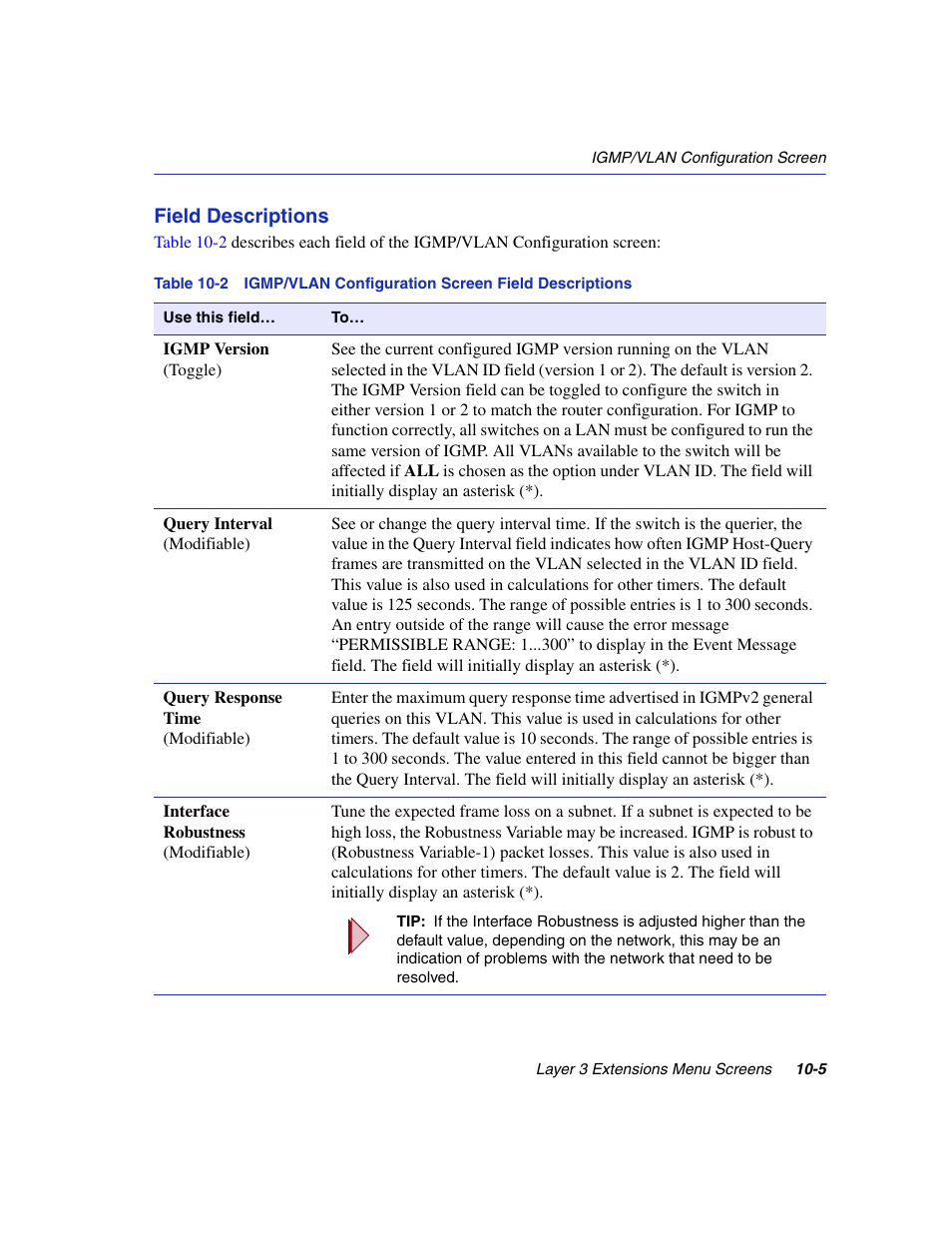 Igmp/vlan configuration screen field descriptions, Field descriptions | Enterasys Networks 6H2xx User Manual | Page 315 / 430