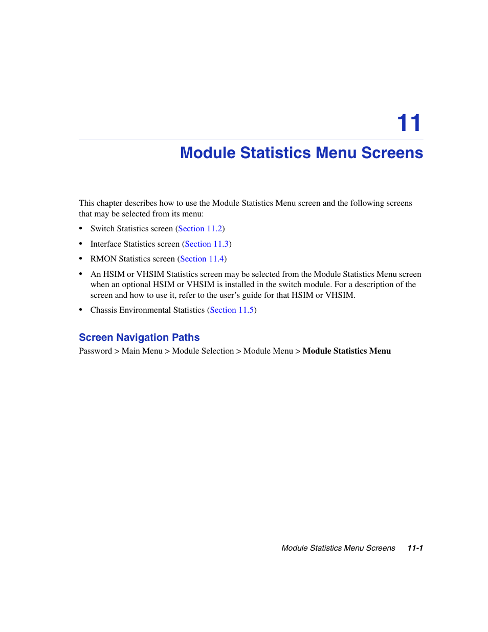 Module statistics menu screens, Chapter 11 | Enterasys Networks 6H2xx User Manual | Page 319 / 430