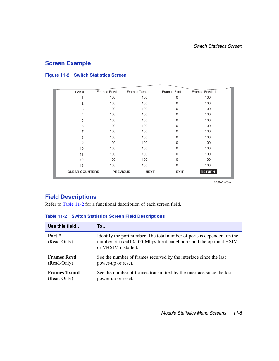 Switch statistics screen, Switch statistics screen field descriptions, Atistics screen | Figure 11-2, Screen example, Field descriptions | Enterasys Networks 6H2xx User Manual | Page 323 / 430