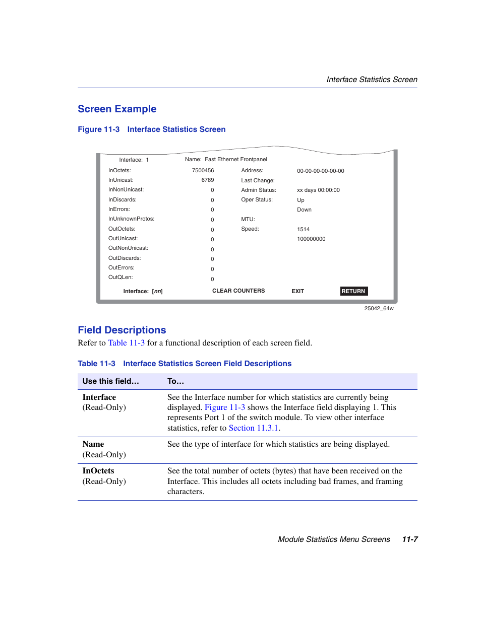 Interface statistics screen, Interface statistics screen field descriptions, Ace statistics screen | Figure 11-3, Displays, Screen example, Field descriptions | Enterasys Networks 6H2xx User Manual | Page 325 / 430
