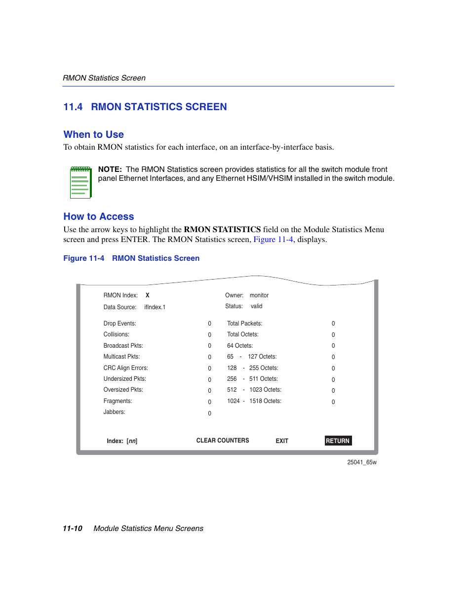 4 rmon statistics screen, Rmon statistics screen -10, Rmon statistics screen | Rmon statistics, Section 11.4, 4 rmon statistics screen when to use, How to access | Enterasys Networks 6H2xx User Manual | Page 328 / 430