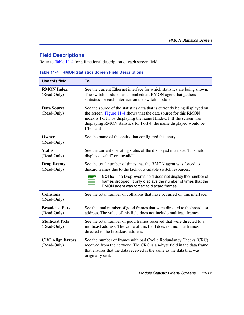 Rmon statistics screen field descriptions | Enterasys Networks 6H2xx User Manual | Page 329 / 430
