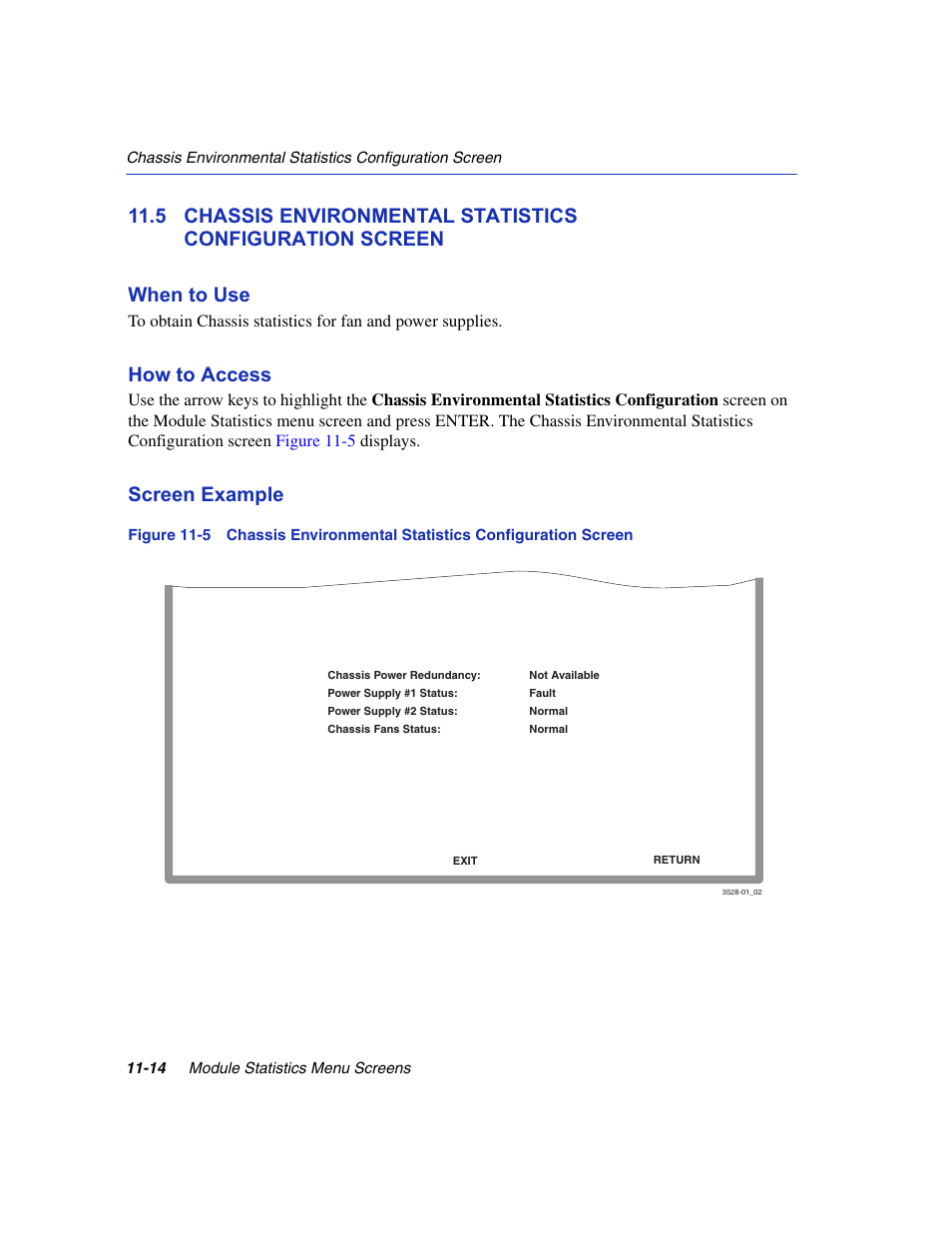 Chassis environment statistics configuration, Vironmental statistics, Section 11.5 | Refer to, How to access, Screen example | Enterasys Networks 6H2xx User Manual | Page 332 / 430