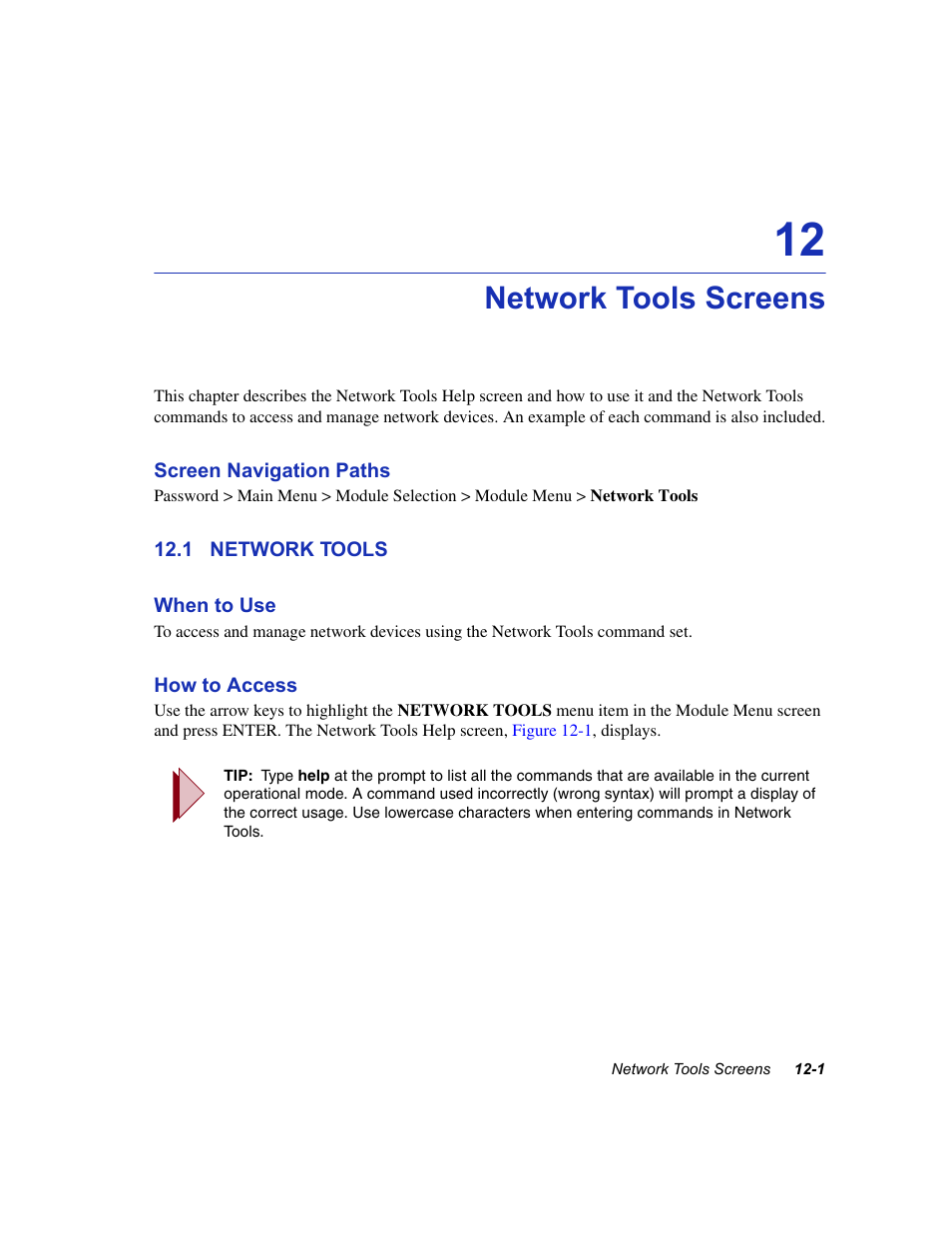 Network tools screens, 1 network tools, Network tools -1 | Chapter 12, And the se, Network tools | Enterasys Networks 6H2xx User Manual | Page 335 / 430