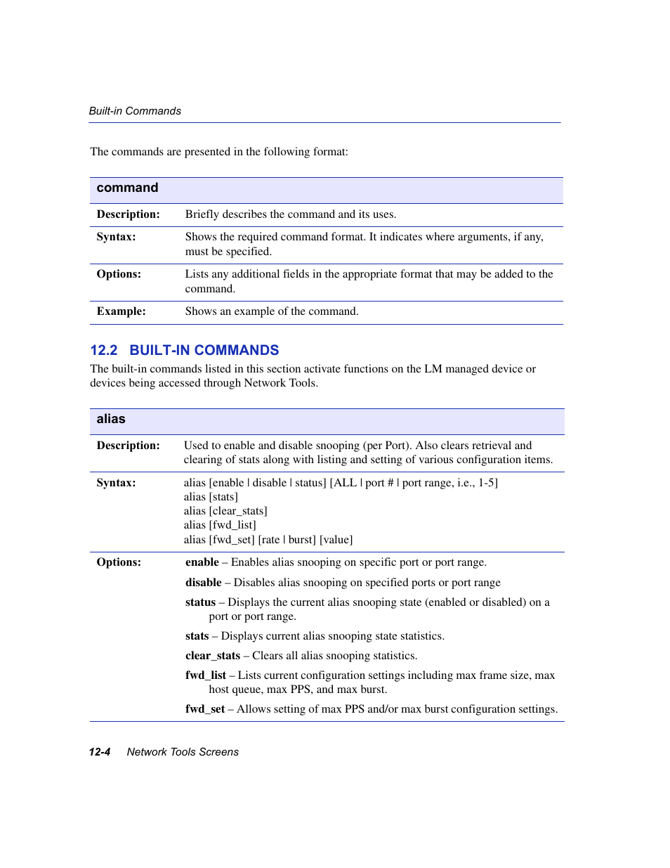 2 built-in commands, Built-in commands -4, Section 12.2 | Sections 12.2, Alias | Enterasys Networks 6H2xx User Manual | Page 338 / 430