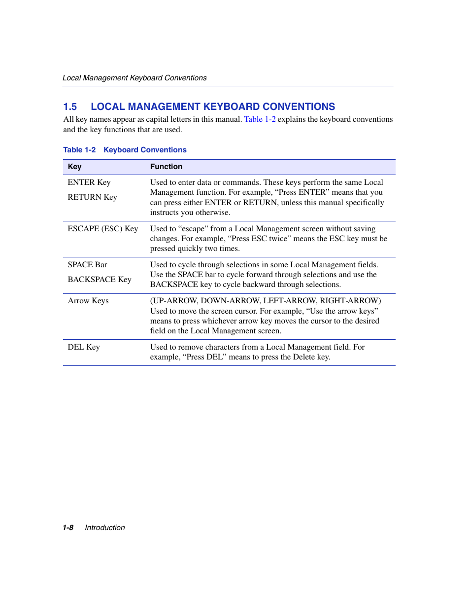5 local management keyboard conventions, Local management keyboard conventions -8, Keyboard conventions | Enterasys Networks 6H2xx User Manual | Page 34 / 430