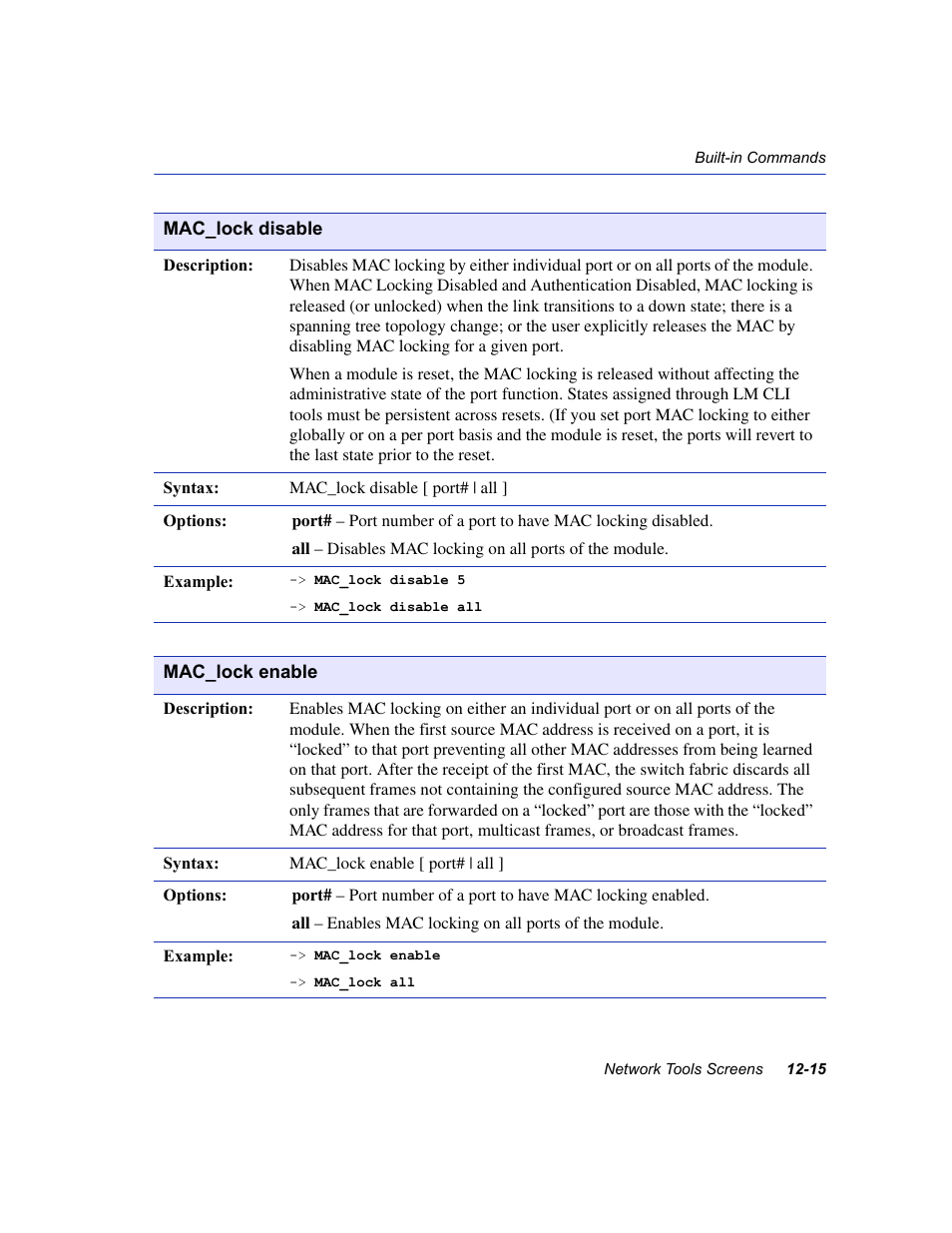 Mac_lock disable, Mac_lock enable | Enterasys Networks 6H2xx User Manual | Page 349 / 430