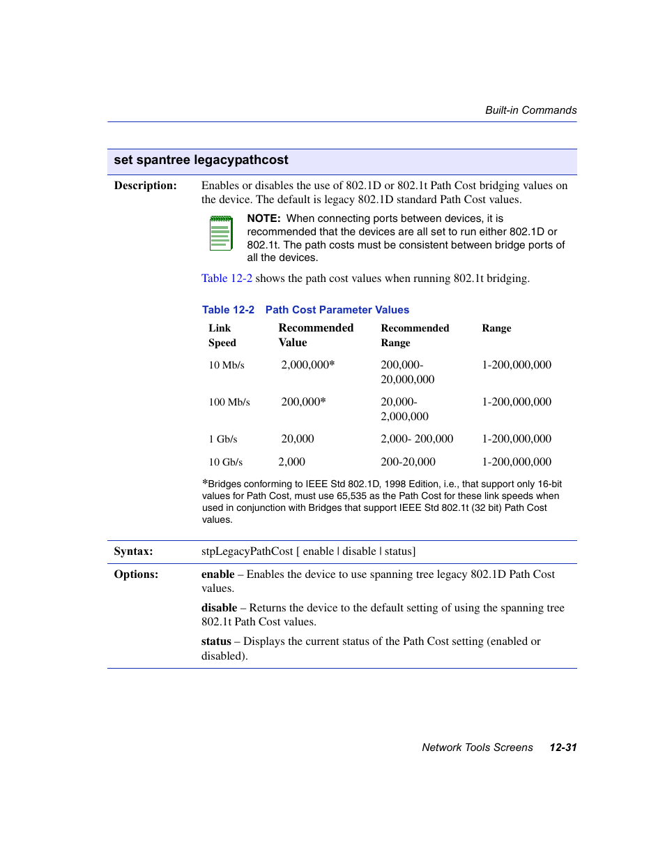 Path cost parameter values, Stplegacypathcost | Enterasys Networks 6H2xx User Manual | Page 365 / 430