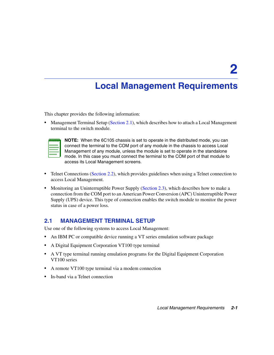 Local management requirements, 1 management terminal setup, Management terminal setup -1 | Chapter 2 | Enterasys Networks 6H2xx User Manual | Page 37 / 430