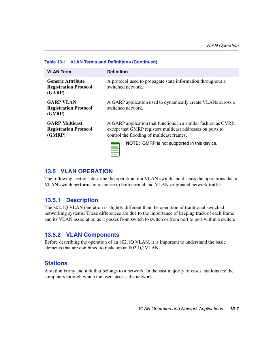 5 vlan operation, 1 description, 2 vlan components | Vlan operation -7 13.5.1, Description -7, Vlan components -7, Vlan operation, Section 13.5 | Enterasys Networks 6H2xx User Manual | Page 379 / 430