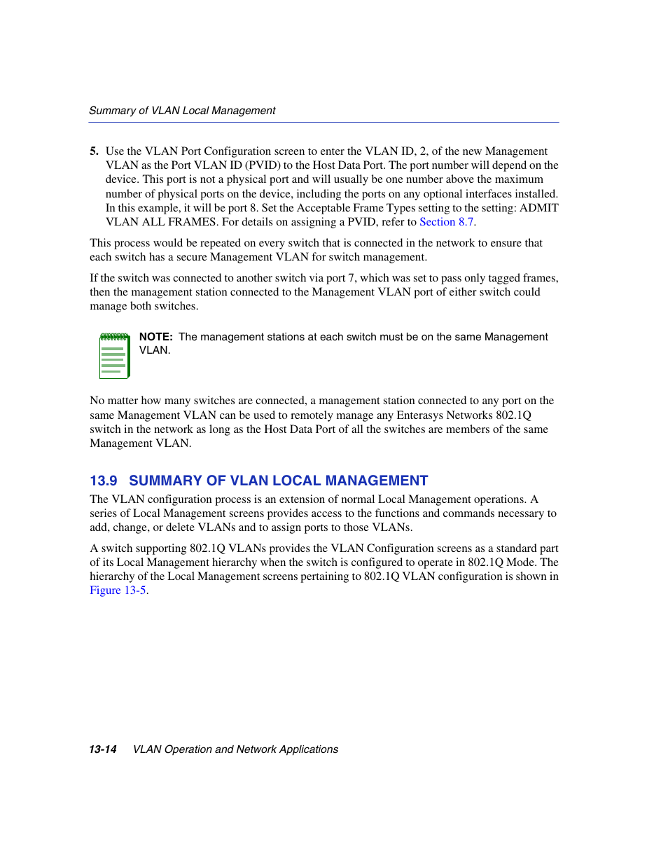 9 summary of vlan local management, Summary of vlan local management -14, Section 13.9 | Enterasys Networks 6H2xx User Manual | Page 386 / 430