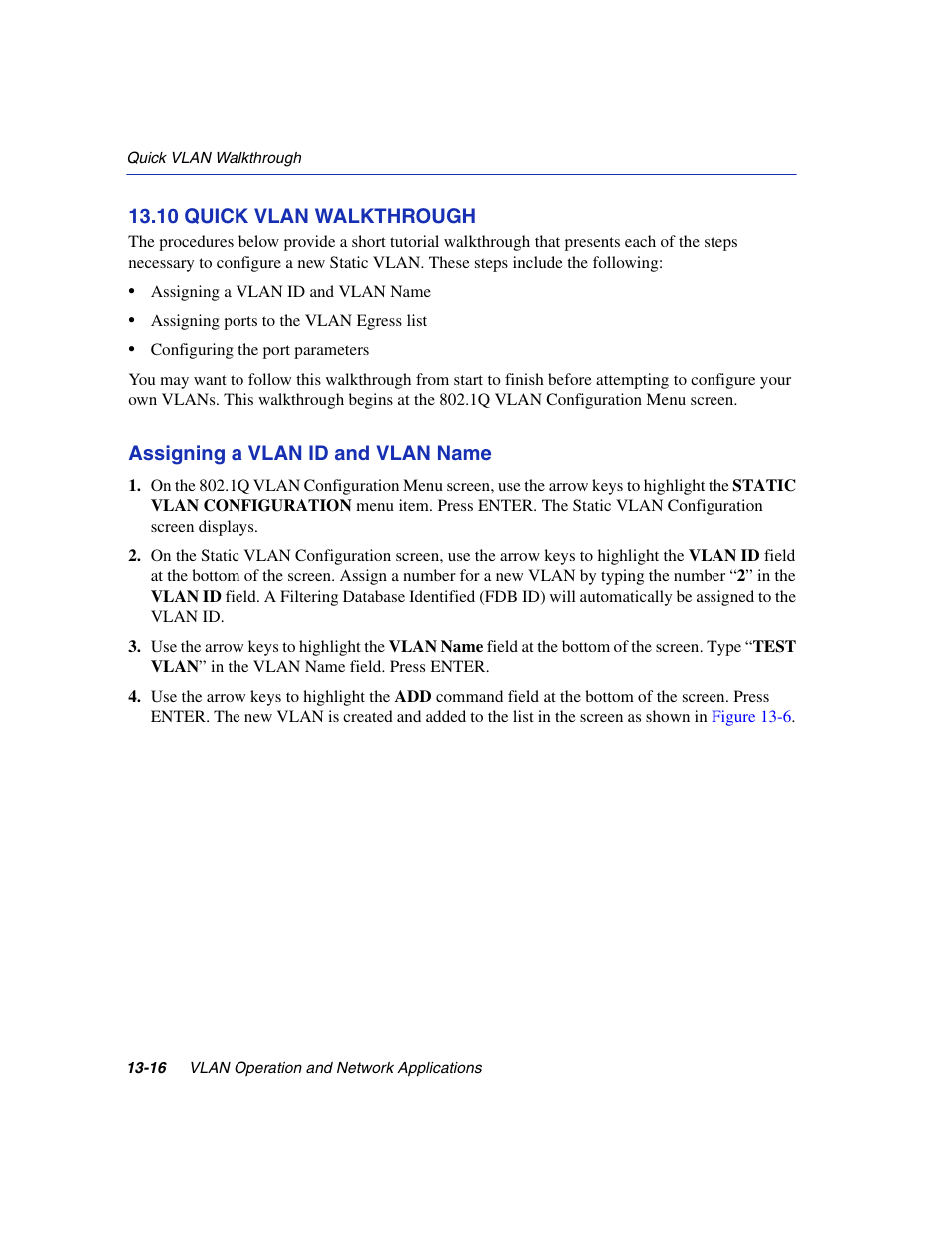 10 quick vlan walkthrough, Quick vlan walkthrough -16, Section 13.10 | Enterasys Networks 6H2xx User Manual | Page 388 / 430