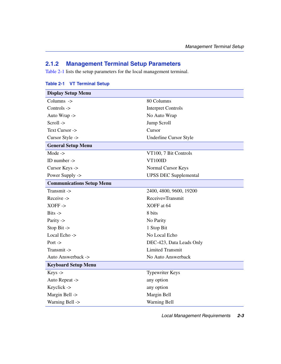 2 management terminal setup parameters, Management terminal setup parameters -3, Vt terminal setup | Enterasys Networks 6H2xx User Manual | Page 39 / 430