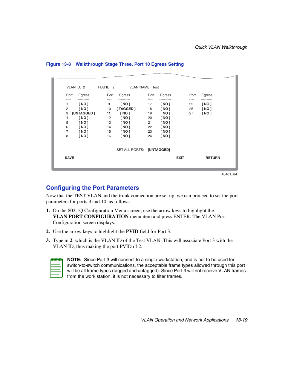 Walkthrough stage three, port 10 egress setting, Figure 13-8, Configuring the port parameters | Enterasys Networks 6H2xx User Manual | Page 391 / 430