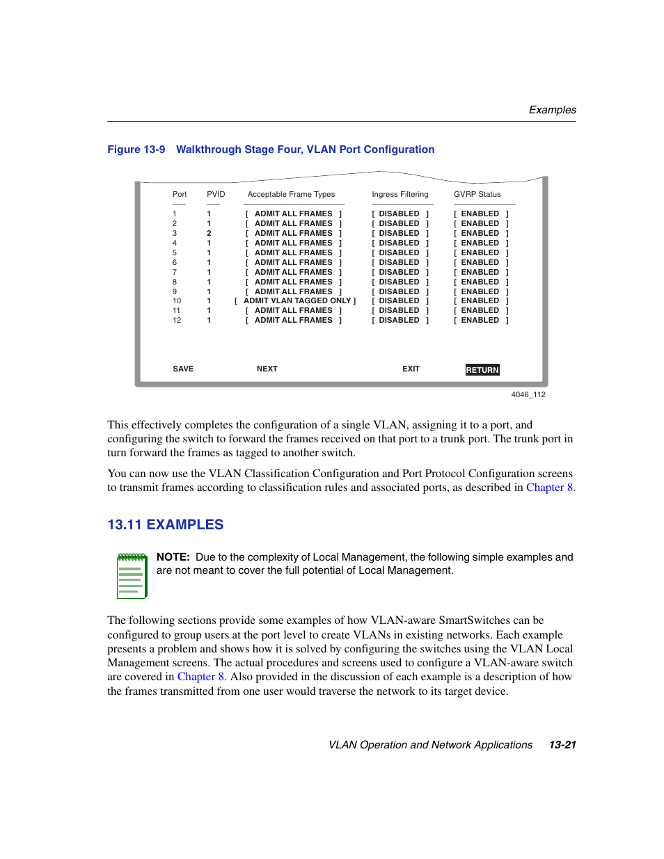 11 examples, Examples -21, Walkthrough stage four, vlan port configuration | Section 13.11 | Enterasys Networks 6H2xx User Manual | Page 393 / 430