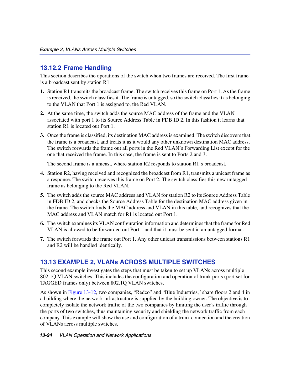 2 frame handling, 13 example 2, vlans across multiple switches, Frame handling -24 | Example 2, vlans ac | Enterasys Networks 6H2xx User Manual | Page 396 / 430