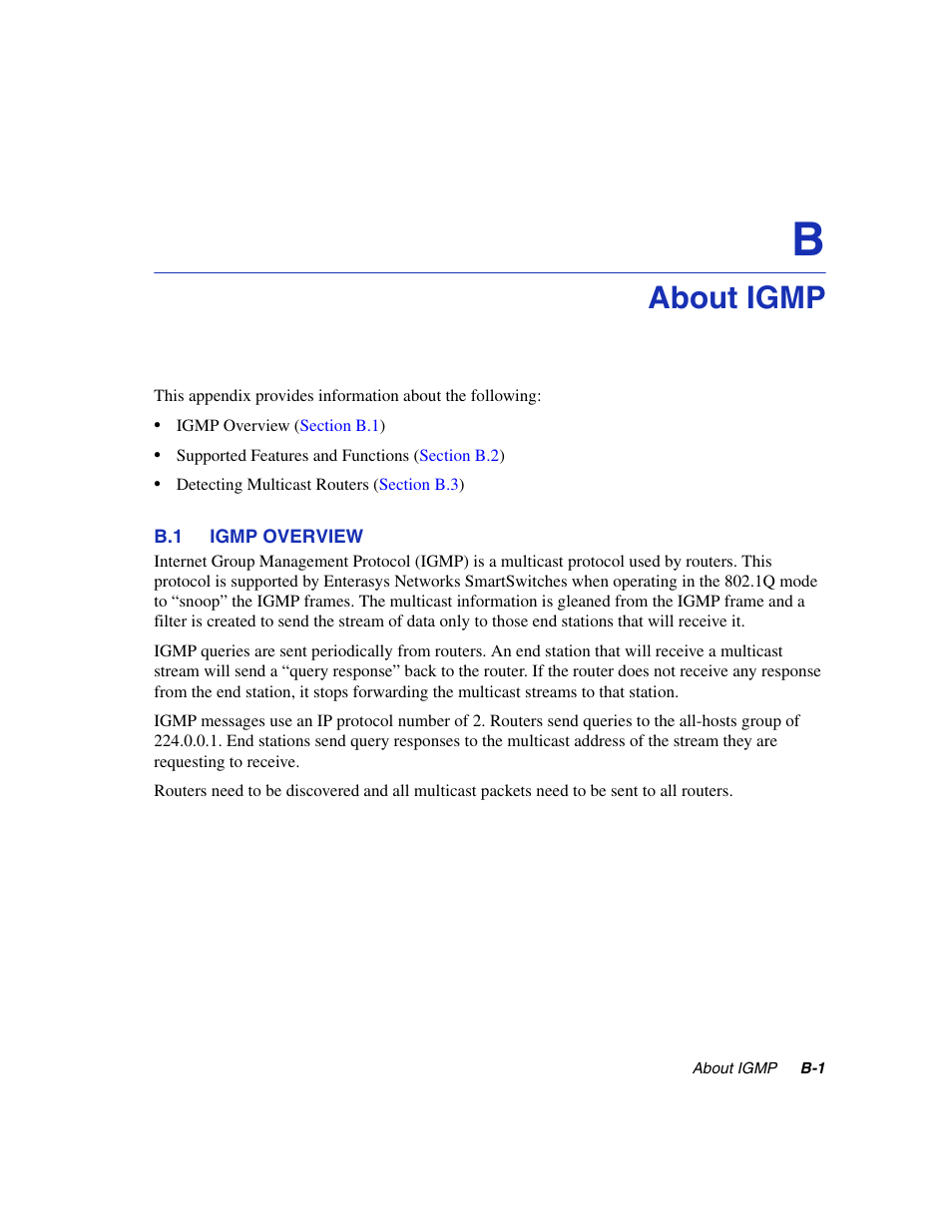 About igmp, B.1 igmp overview, Appendix b | Enterasys Networks 6H2xx User Manual | Page 413 / 430