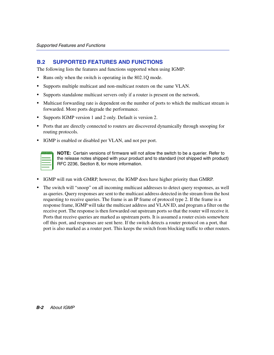 B.2 supported features and functions, Section b.2 | Enterasys Networks 6H2xx User Manual | Page 414 / 430