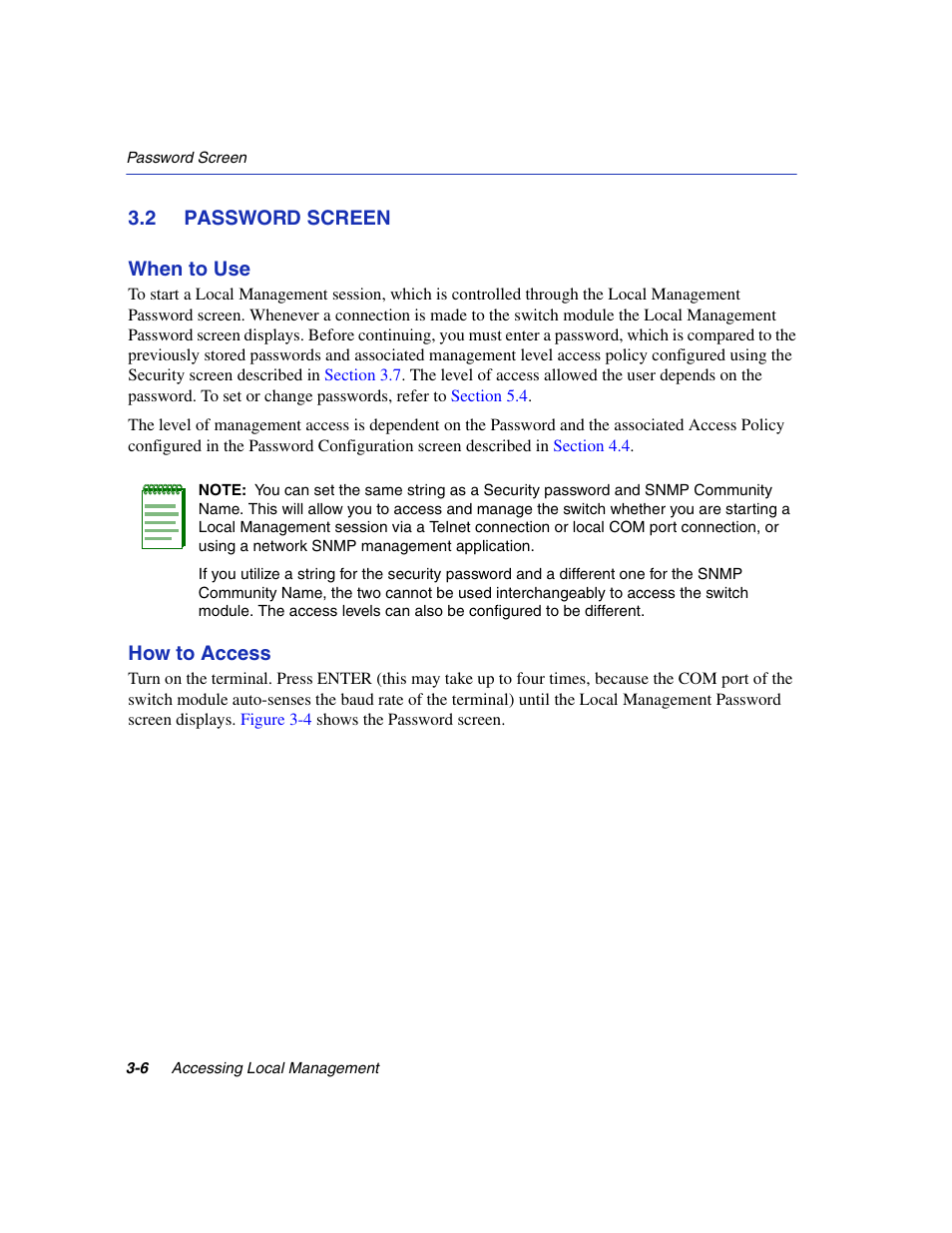 2 password screen, Password screen -6, Section 3.2 | Password | Enterasys Networks 6H2xx User Manual | Page 48 / 430