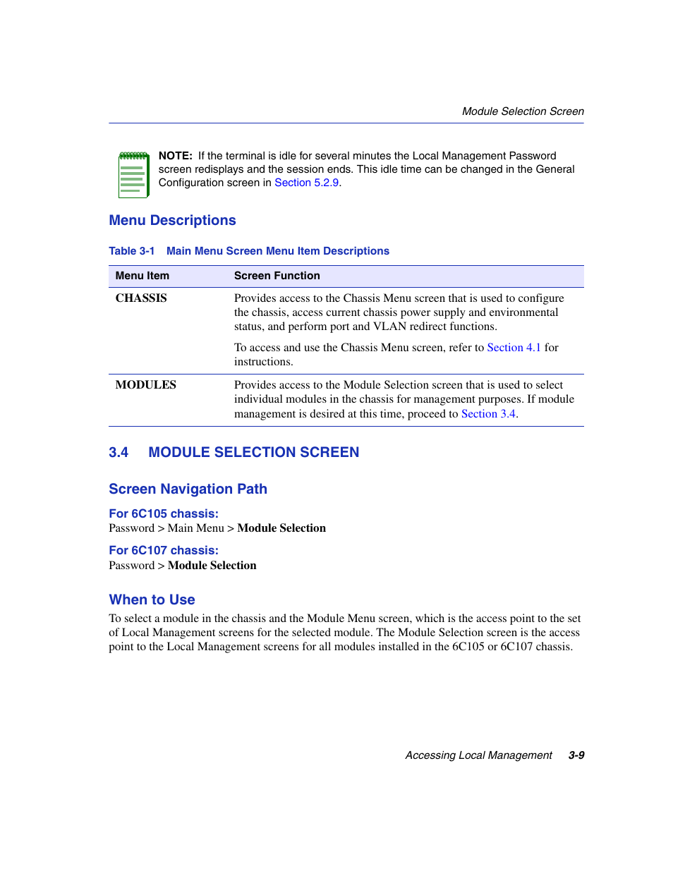 4 module selection screen, Module selection screen -9, Main menu screen menu item descriptions | Module selection | Enterasys Networks 6H2xx User Manual | Page 51 / 430