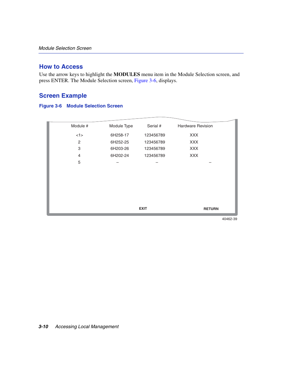 Module selection screen, How to access, Screen example | Enterasys Networks 6H2xx User Manual | Page 52 / 430