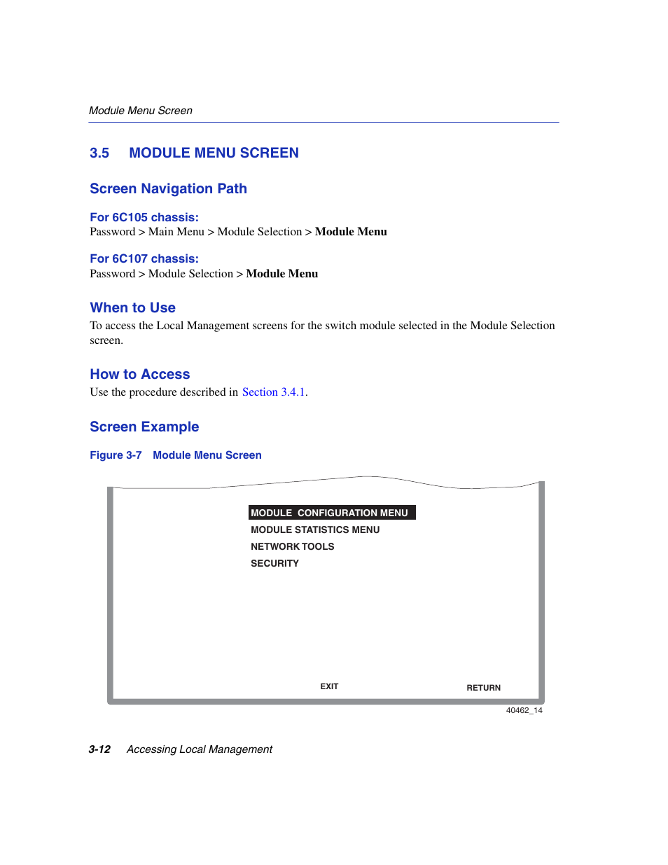 5 module menu screen, Module menu screen -12, Module menu screen | Section 3.5, Module, Menu, D to, 5 module menu screen screen navigation path, When to use, How to access | Enterasys Networks 6H2xx User Manual | Page 54 / 430