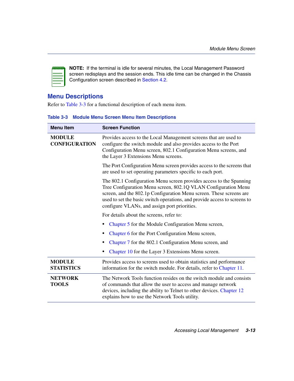 Module menu screen menu item descriptions | Enterasys Networks 6H2xx User Manual | Page 55 / 430