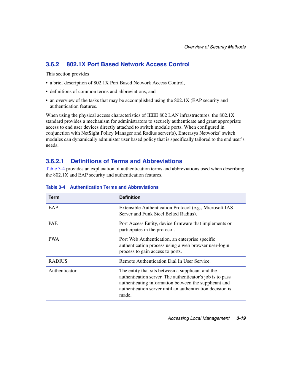 2 802.1x port based network access control, 1 definitions of terms and abbreviations, 1x port based network access control -19 3.6.2.1 | Definitions of terms and abbreviations -19, Authentication terms and abbreviations, Fer to, Section 3.6.2 | Enterasys Networks 6H2xx User Manual | Page 61 / 430