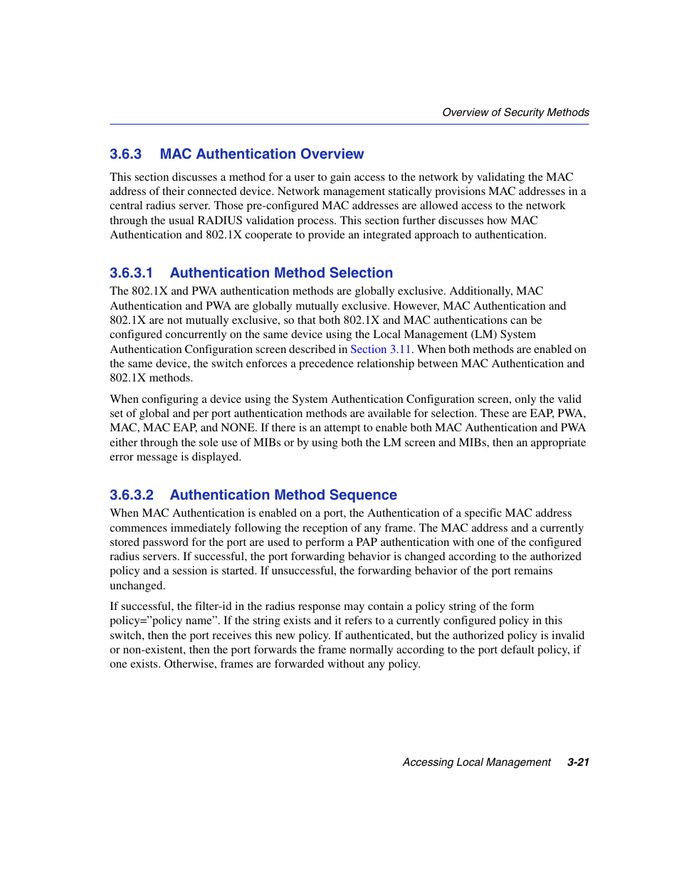 3 mac authentication overview, 1 authentication method selection, 2 authentication method sequence | Mac authentication overview -21 3.6.3.1, Authentication method selection -21, Authentication method sequence -21, Section 3.6.3 | Enterasys Networks 6H2xx User Manual | Page 63 / 430