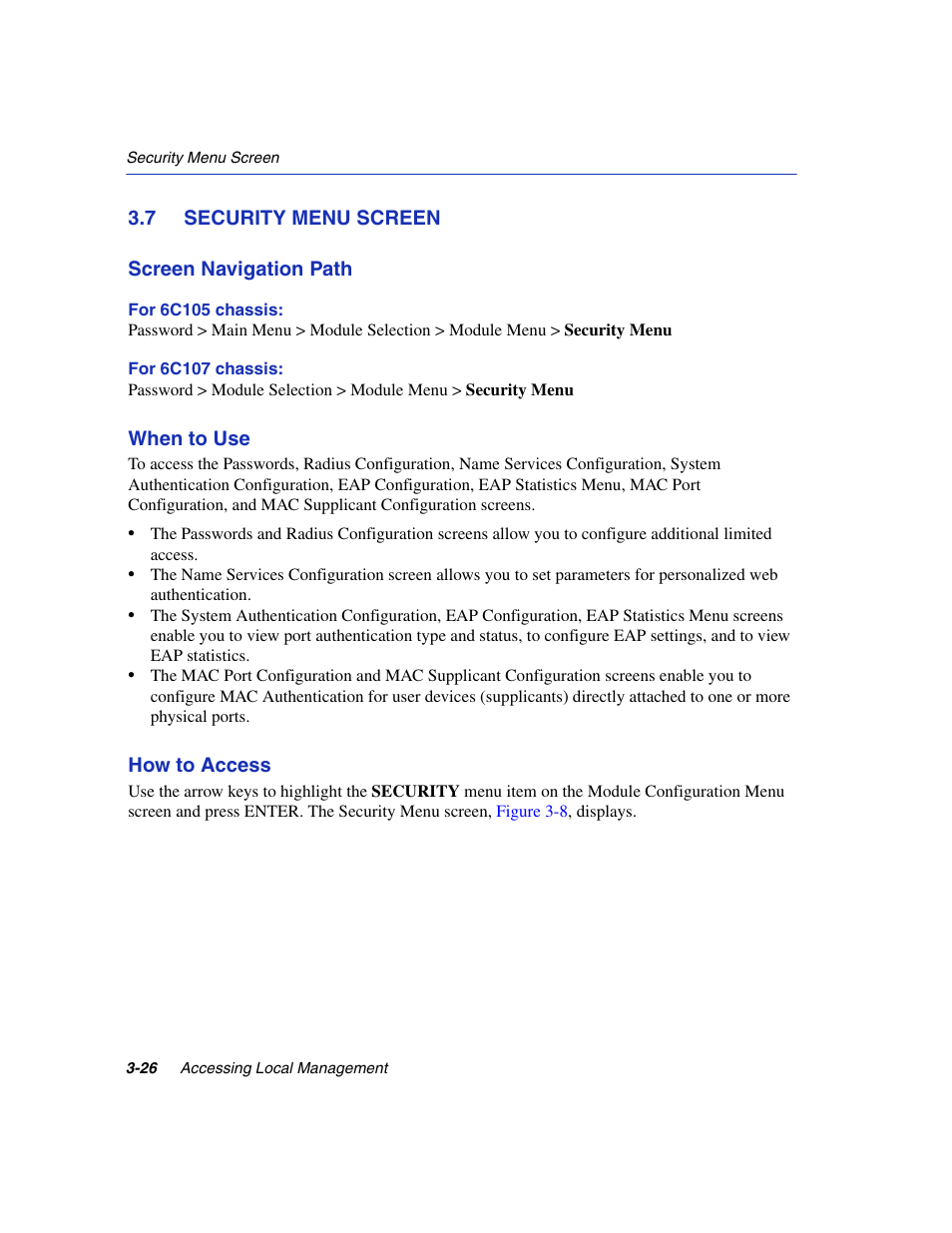 7 security menu screen, Security menu screen -26, Security | Section 3.7 | Enterasys Networks 6H2xx User Manual | Page 68 / 430