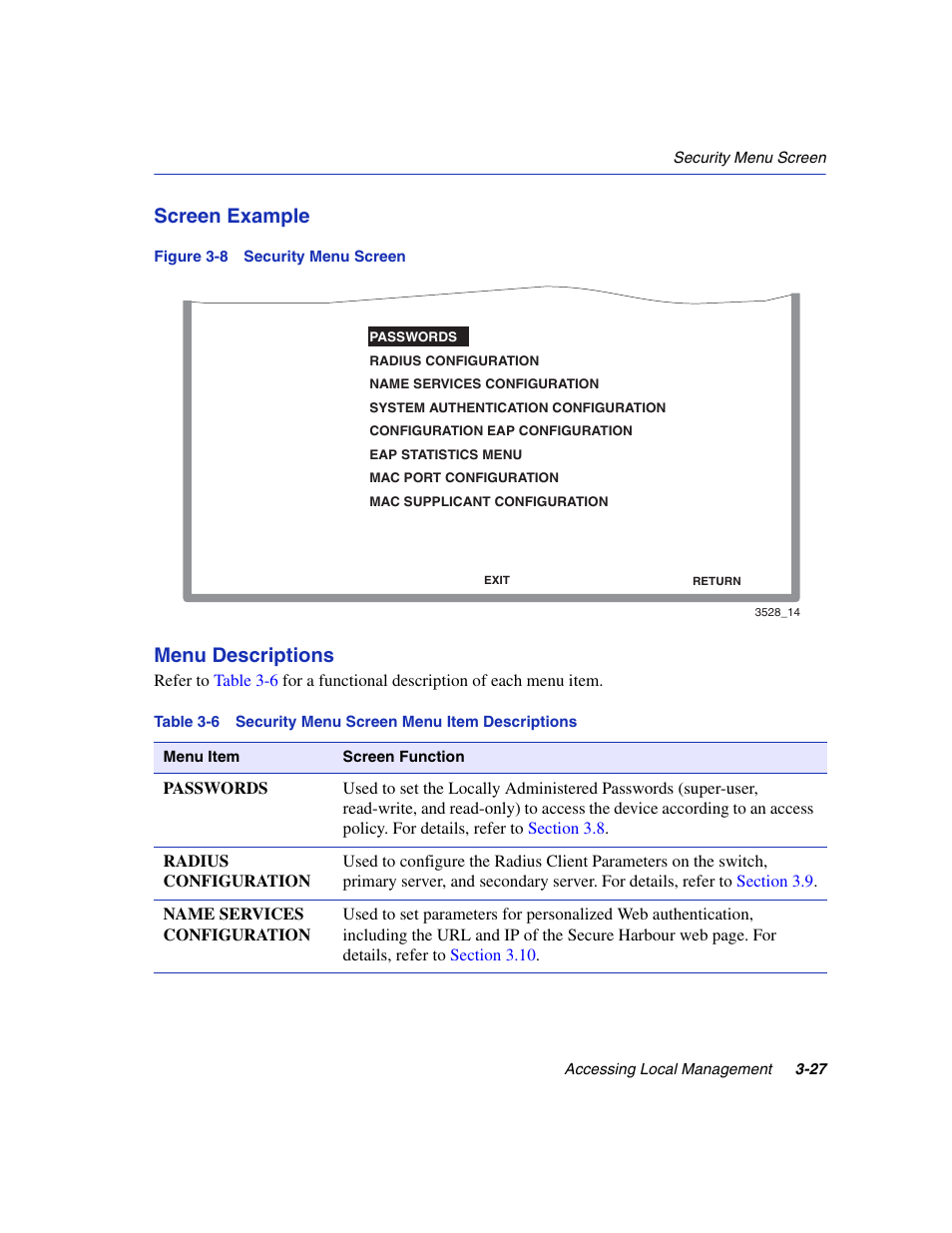 Security menu screen, Security menu screen menu item descriptions, Screen example | Menu descriptions | Enterasys Networks 6H2xx User Manual | Page 69 / 430