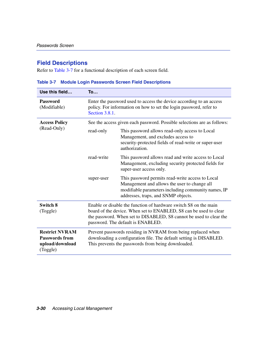 Module login passwords screen field descriptions | Enterasys Networks 6H2xx User Manual | Page 72 / 430