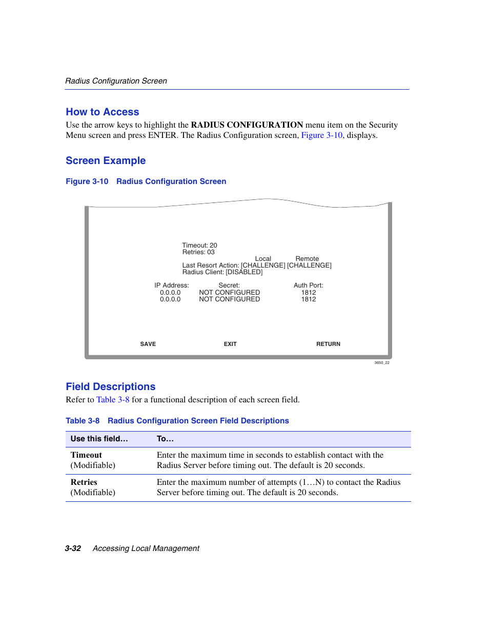 Radius configuration screen, Radius configuration screen field descriptions, How to access | Screen example, Field descriptions | Enterasys Networks 6H2xx User Manual | Page 74 / 430