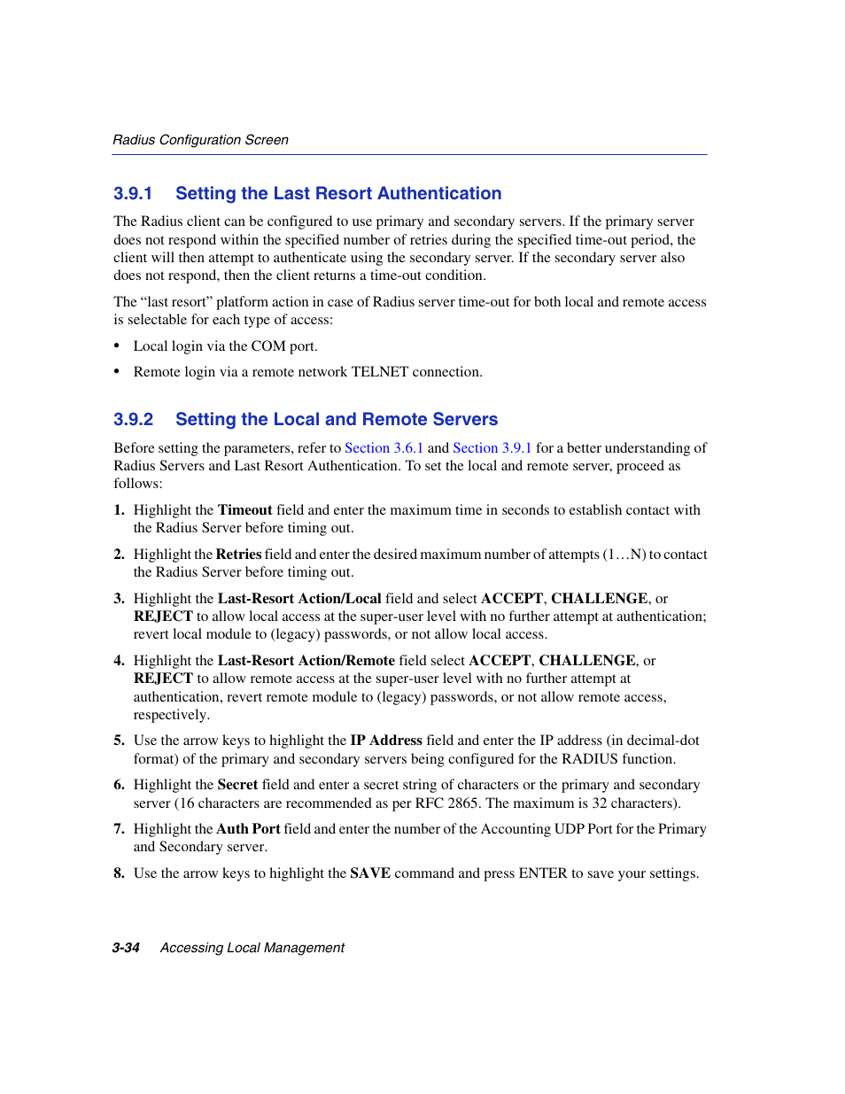 1 setting the last resort authentication, 2 setting the local and remote servers, Setting the last resort authentication -34 | Setting the local and remote servers -34, Section 3.9.1, Section 3.9.2 | Enterasys Networks 6H2xx User Manual | Page 76 / 430