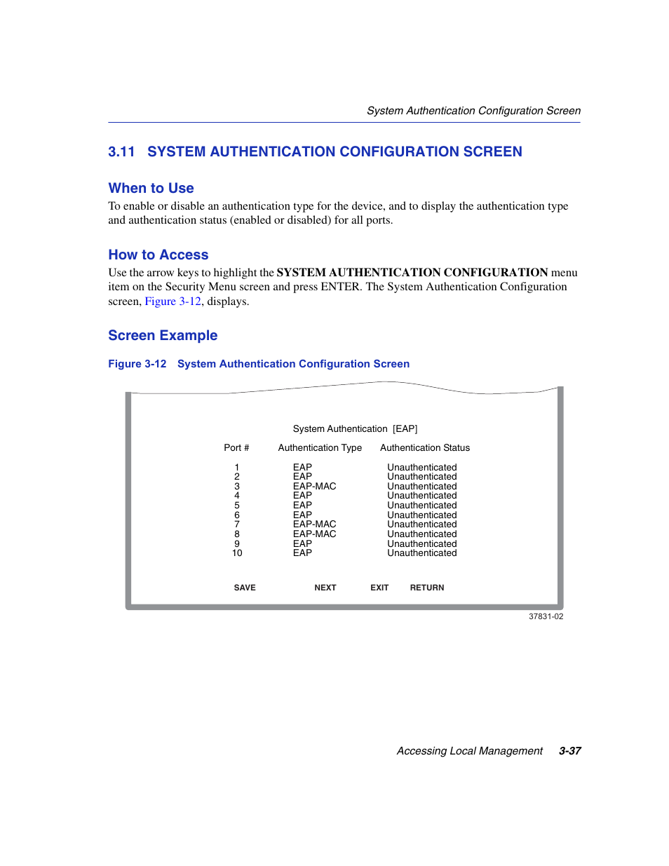 11 system authentication configuration screen, System authentication configuration screen -37, System authentication configuration screen | System authentication configuration, Section 3.11, Cation is described in, R details, refer to, How to access, Screen example | Enterasys Networks 6H2xx User Manual | Page 79 / 430