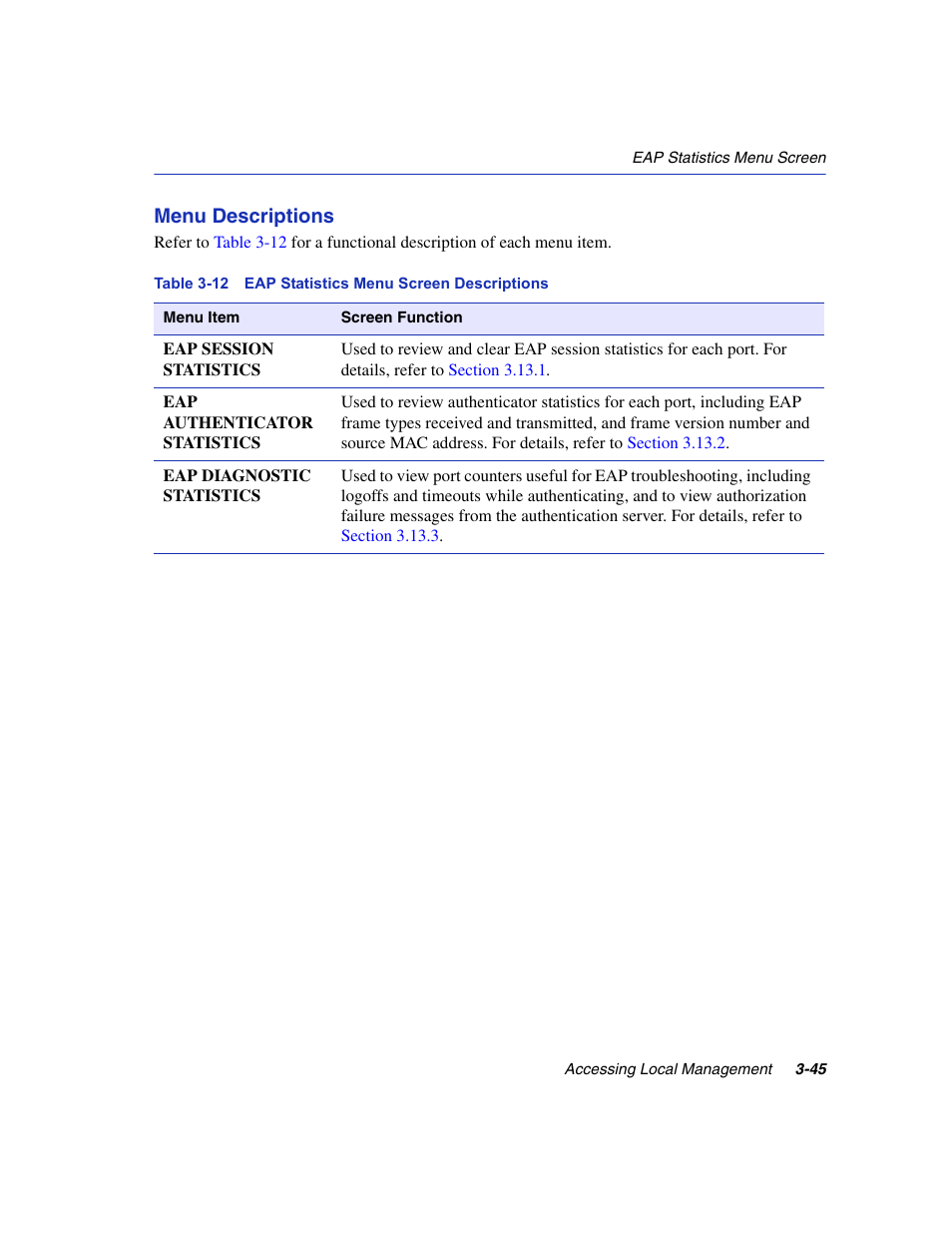 Eap statistics menu screen descriptions -45 | Enterasys Networks 6H2xx User Manual | Page 87 / 430