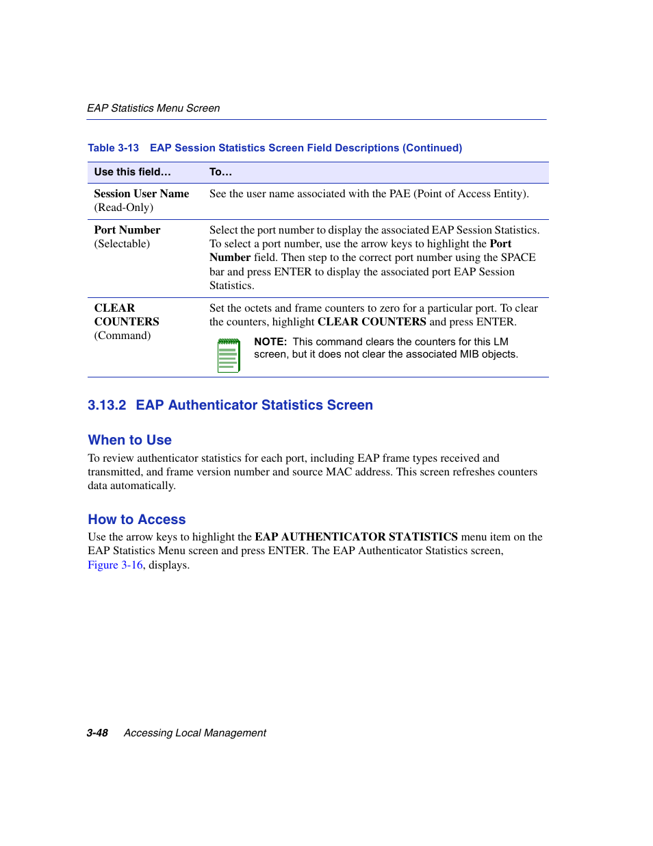 2 eap authenticator statistics screen, Eap authenticator statistics screen -48, Eap authenticator statistics | Refer to, Section 3.13.2 | Enterasys Networks 6H2xx User Manual | Page 90 / 430