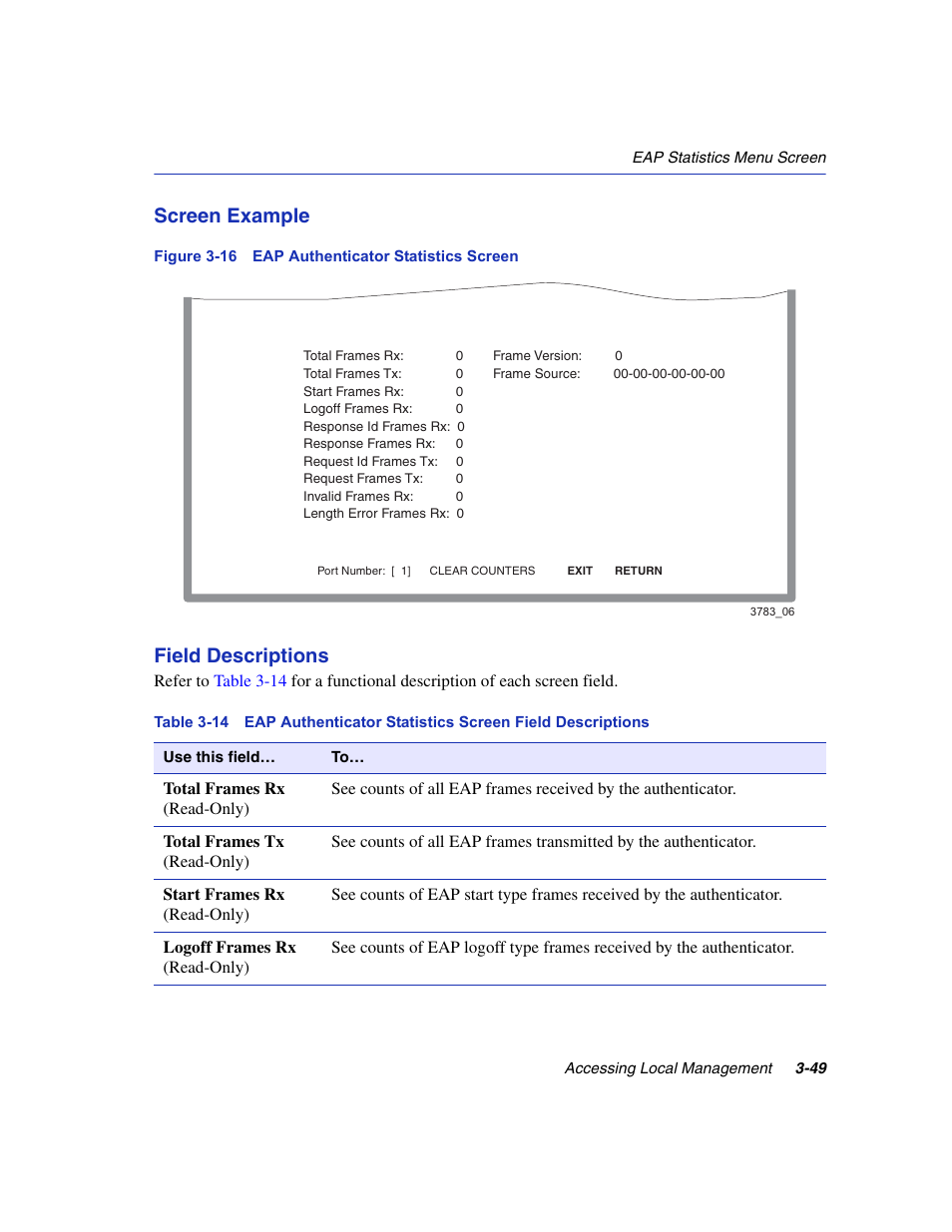 Eap authenticator statistics screen, Screen example, Field descriptions | Enterasys Networks 6H2xx User Manual | Page 91 / 430