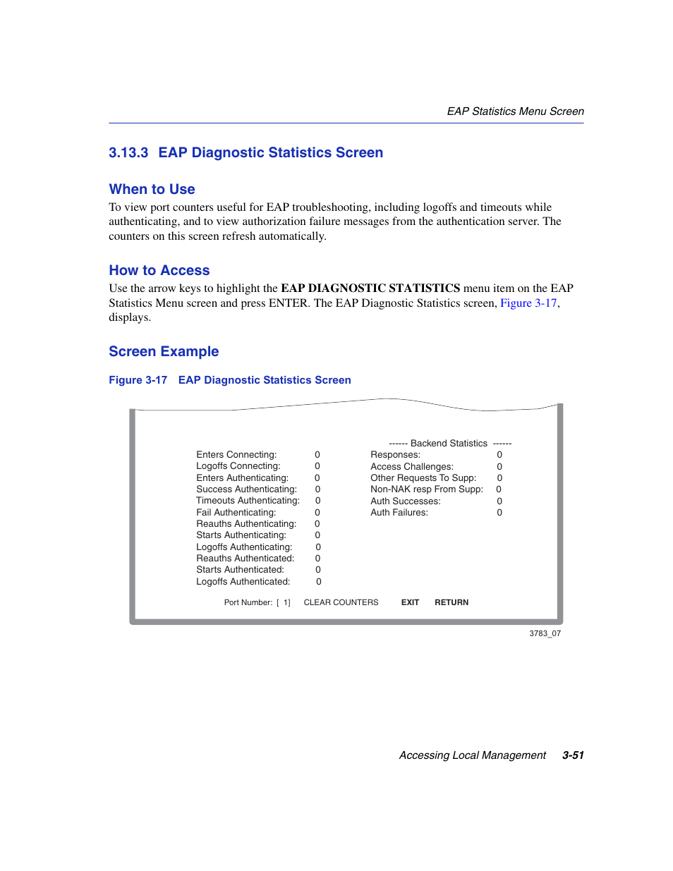 3 eap diagnostic statistics screen, Eap diagnostic statistics screen -51, Eap diagnostic statistics screen | Eap diagnostic statistics, Section 3.13.3, 3 eap diagnostic statistics screen when to use, How to access, Screen example | Enterasys Networks 6H2xx User Manual | Page 93 / 430
