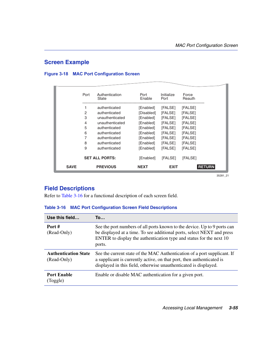 Mac port configuration screen, Mac port configuration screen field descriptions, Screen example | Field descriptions | Enterasys Networks 6H2xx User Manual | Page 97 / 430