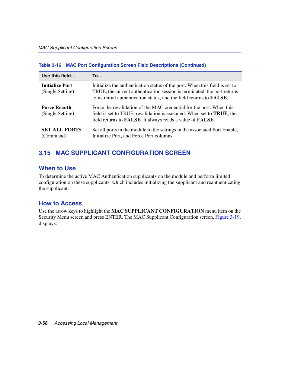 15 mac supplicant configuration screen, Mac supplicant configuration screen -56, Mac supplicant configuration | Section 3.15, Refer to | Enterasys Networks 6H2xx User Manual | Page 98 / 430