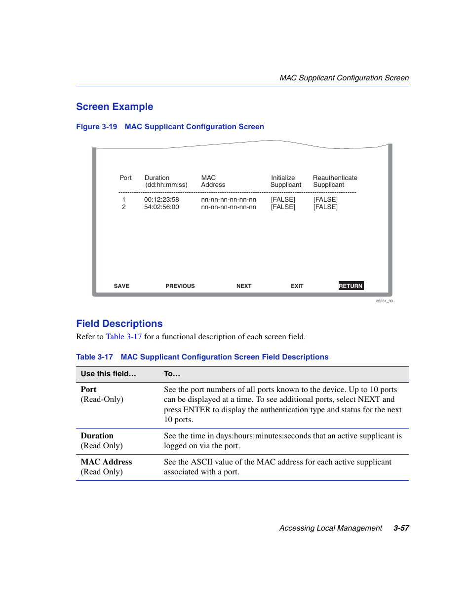 Mac supplicant configuration screen, Screen example, Field descriptions | Enterasys Networks 6H2xx User Manual | Page 99 / 430