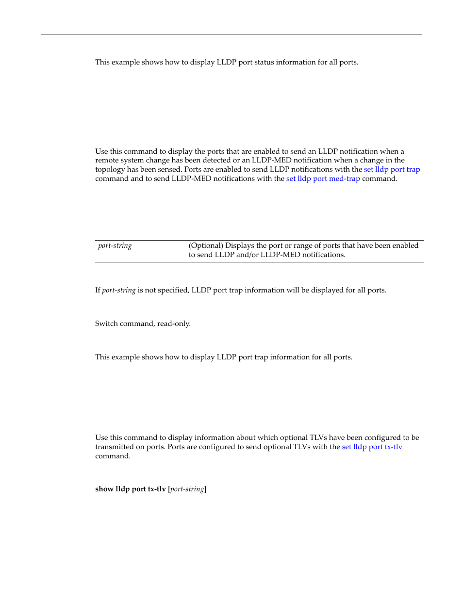 Show lldp port trap, Show lldp port tx-tlv, Show lldp port trap -16 show lldp port tx-tlv -16 | Enterasys Networks D-Series User Manual | Page 112 / 540